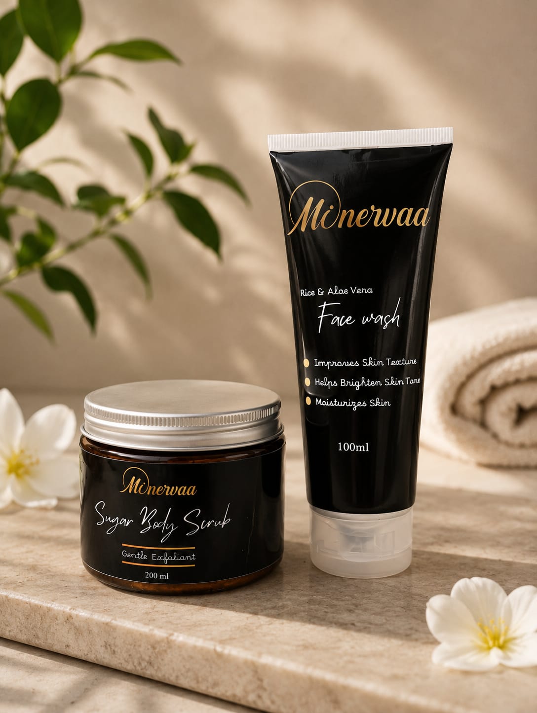 Minervaa Skin Care Bundle — Rice & Aloe Vera Face Wash + Sugar Body Scrub | Brighten, Exfoliate & Glow | 100ml + 200ml
